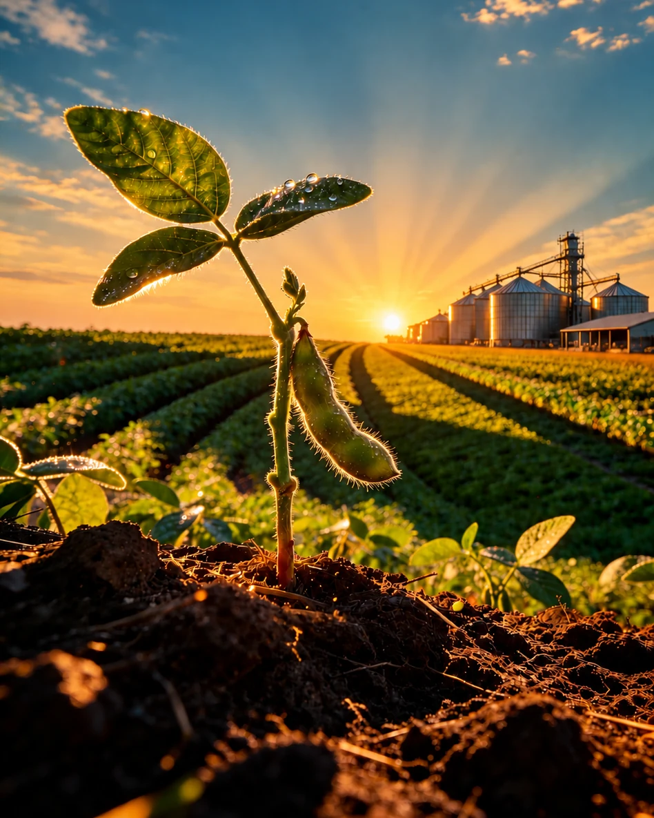 Broto de soja ao nascer do sol, com lavoura e silos de armazenagem ao fundo